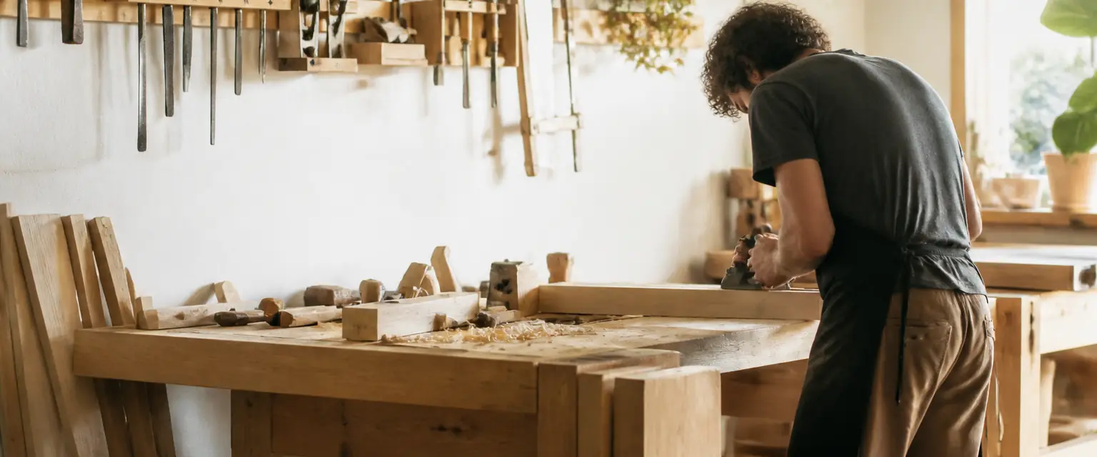 Un artisan menuisier au travail à son établi, dans un atelier lumineux