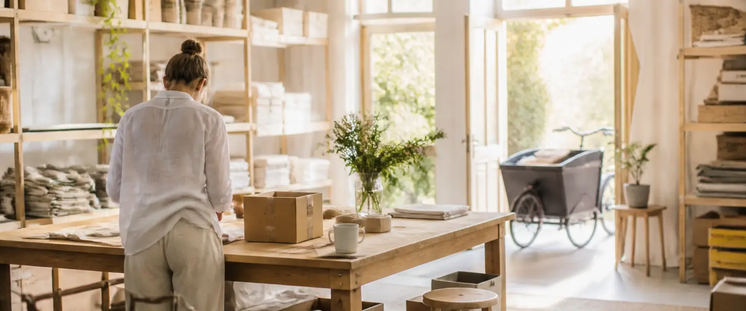 Une entrepreneuse prépare des colis dans son arrière-boutique, un vélo cargo près de la porte