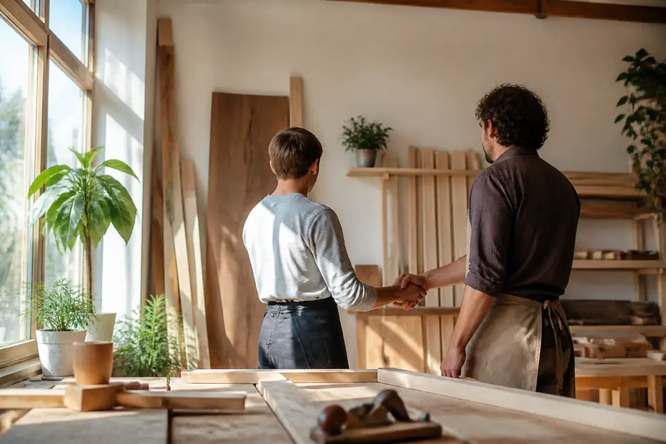 Un artisan et un nouvel apprenti se serrent la main dans un atelier de menuiserie