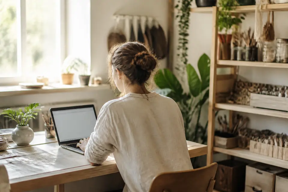 Une artisane indépendante travaille sur son ordinateur dans son petit atelier-bureau