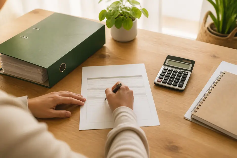 Les mains d’un entrepreneur remplissent un formulaire à côté d’une calculatrice et d’un classeur