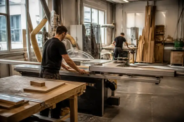 Atelier de menuiserie avec artisans en action sur 123businessmag.fr fabrication de meubles en bois