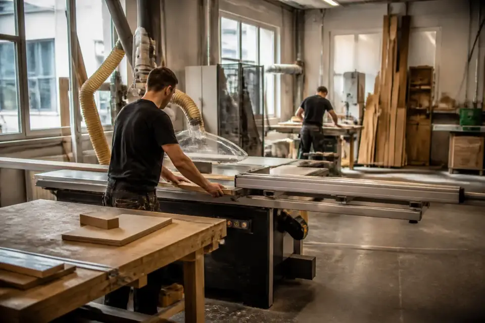 Atelier de menuiserie avec artisans en action sur 123businessmag.fr fabrication de meubles en bois