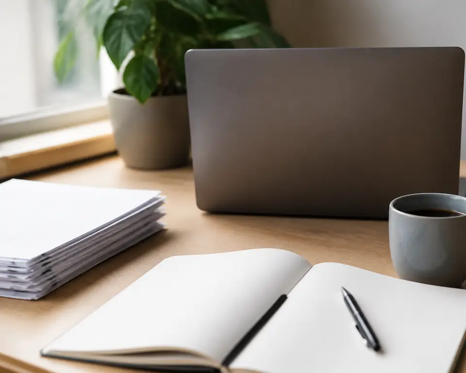 Le bureau d'un indépendant près d'une fenêtre : une pile de papiers, un carnet ouvert, un stylo, une tasse et un ordinateur portable