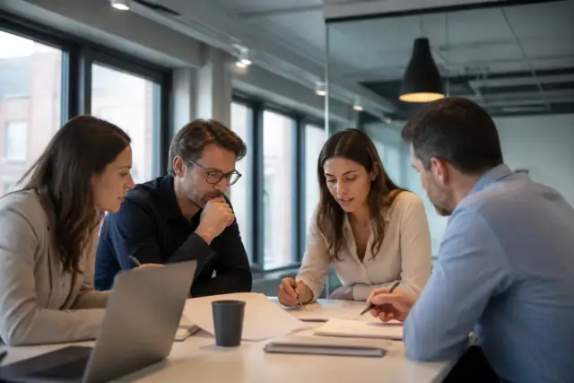 Réunion d'équipe discutant des stratégies sur l'actualité du digital sur markeonbiz.fr