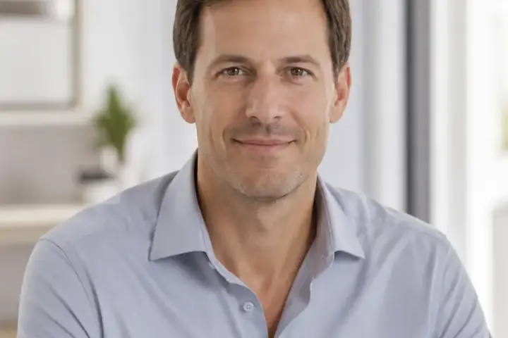 Portrait d’Aurélien Pradeau, cheveux châtains courts, chemise bleu gris, sourire discret, fond de pièce lumineuse et floue