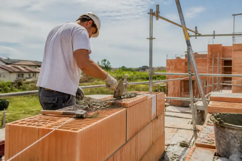 Maçon construisant un mur en briques sur un chantier avec chantierhero.fr tarif compétitif