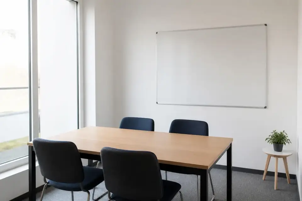 Salle de réunion vide et lumineuse avec une table, quatre chaises et un tableau blanc effacé, lumière naturelle, aucun texte lisible