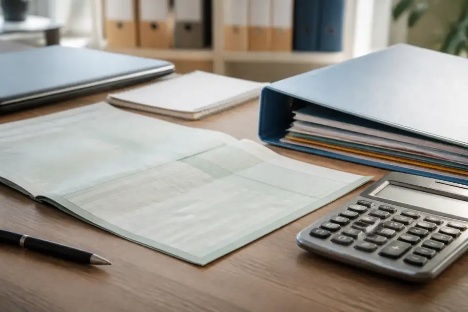 Registre de paie ouvert avec deux colonnes de cotisations, une calculatrice et un classeur de déclarations à côté