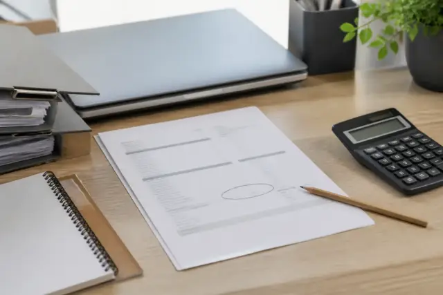 Bulletin de paie imaginaire posé sur un bureau, la ligne de la contribution sociale généralisée entourée au crayon, calculatrice à côté