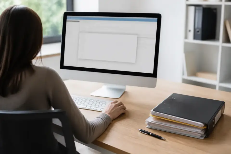 Poste de saisie d’un employeur avec une déclaration d’embauche ouverte à l’écran et un dossier de recrutement posé à côté