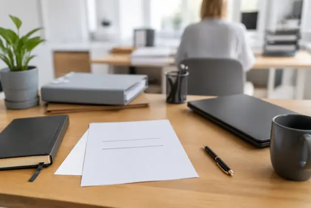 Lettre d’engagement posée sur un bureau, une ligne sur l’emploi et la date d’entrée soulignée, un stylo à côté