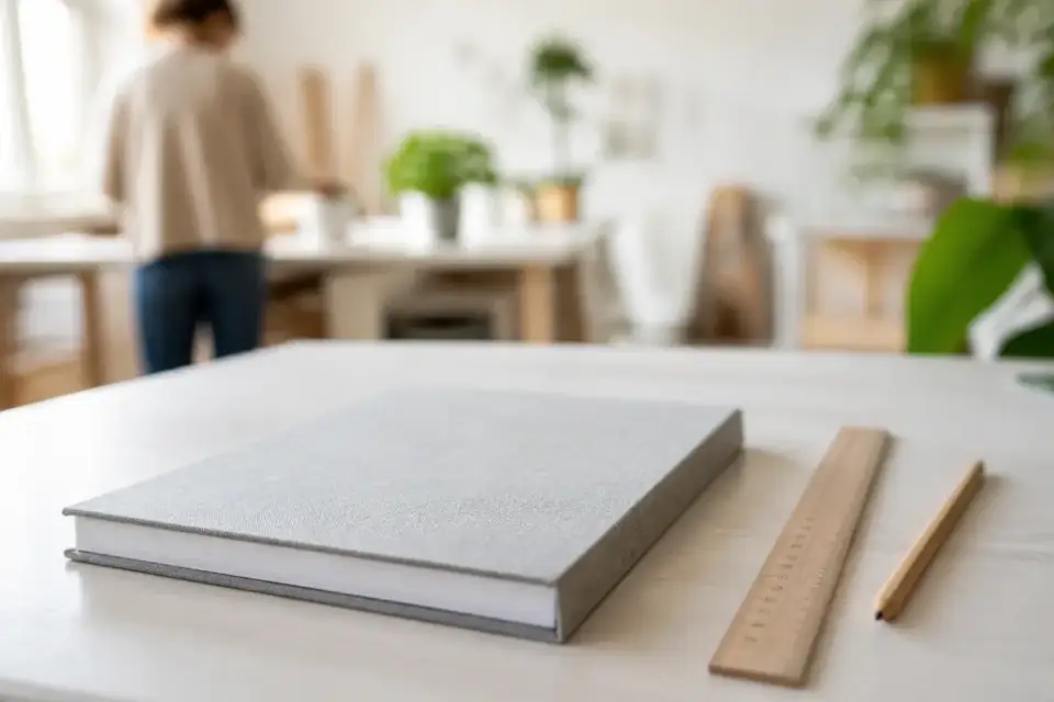 Table claire avec un grand cahier à couverture grise fermé, une règle et un crayon, lumière naturelle douce, sans texte lisible