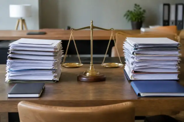 Deux piles de documents posées côte à côte sur une table, l’une étiquetée actif, l’autre passif, une balance de bureau entre elles