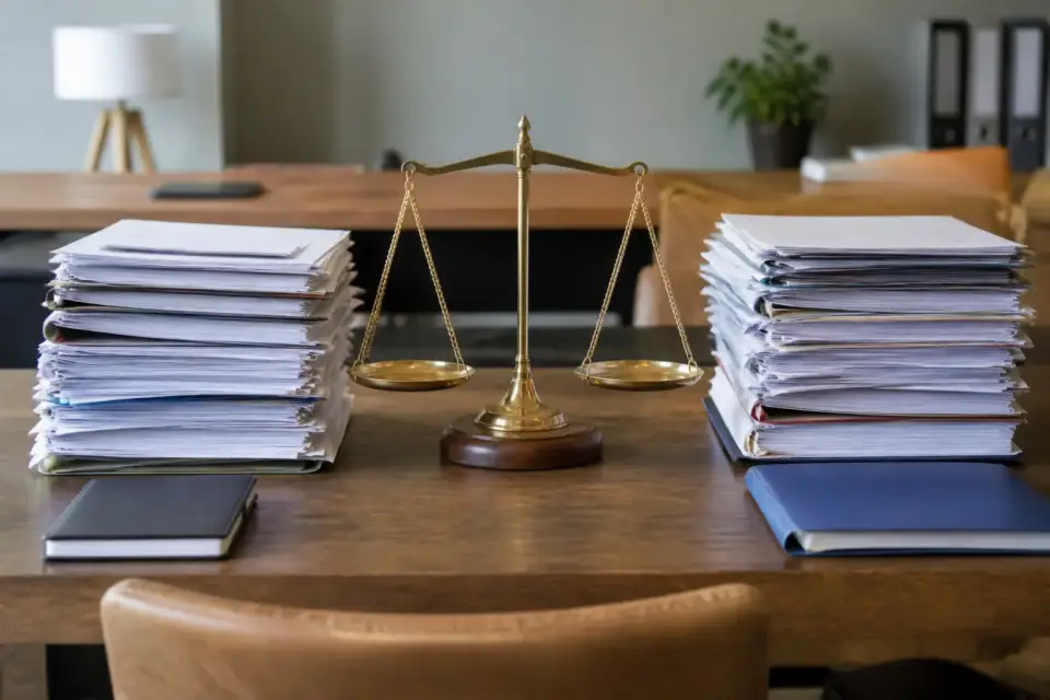 Deux piles de documents posées côte à côte sur une table, l’une étiquetée actif, l’autre passif, une balance de bureau entre elles
