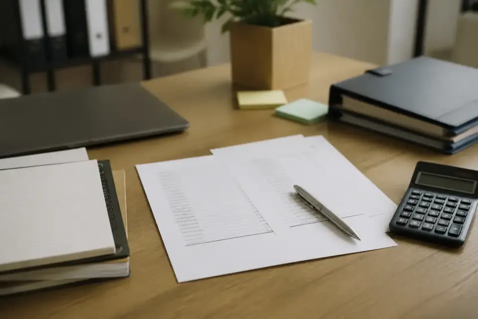 Bilan comptable imprimé en deux colonnes sur un bureau, les deux totaux soulignés, une calculatrice posée à côté