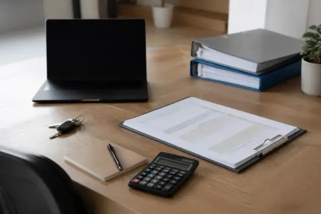 Tableau de répartition de charges entre deux activités sur un bureau, une colonne de clés de répartition et une calculatrice