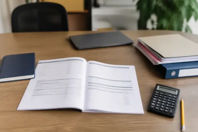 Rapport de gestion ouvert sur une table, la ligne de l’excédent brut d’exploitation entourée, calculatrice et crayon à côté