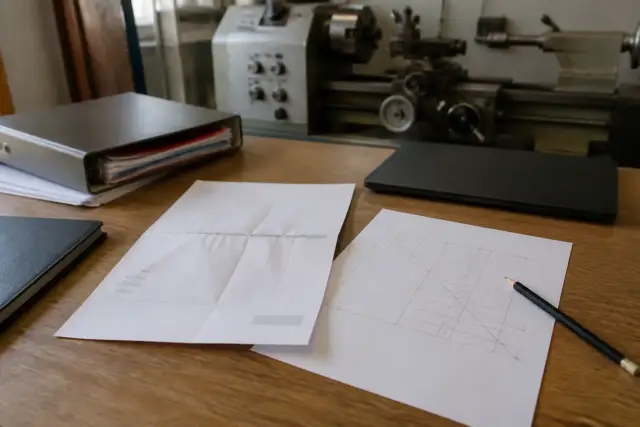 Facture d’achat d’un équipement posée à côté d’un tableau d’amortissement tracé au crayon, avec une machine-outil en arrière-plan