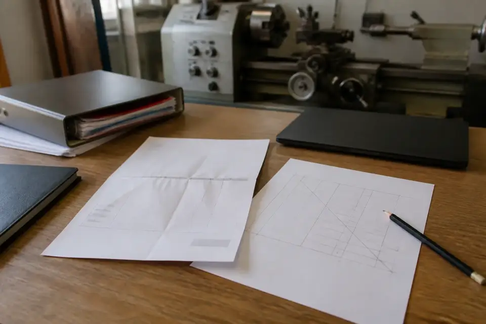 Facture d’achat d’un équipement posée à côté d’un tableau d’amortissement tracé au crayon, avec une machine-outil en arrière-plan