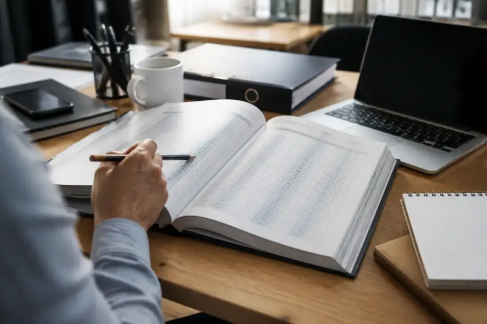 Grand livre ouvert sur un bureau, une colonne de numéros de comptes et un crayon qui suit la ligne des charges