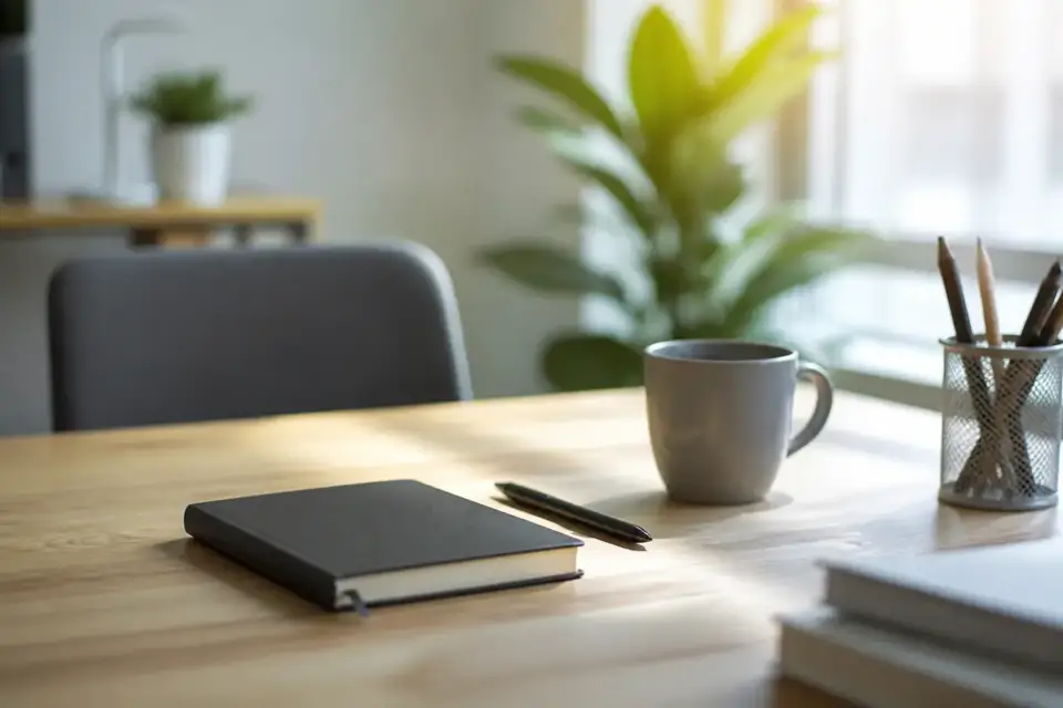 Bureau clair avec un carnet fermé, un stylo et une tasse, lumière naturelle du matin, aucun document lisible