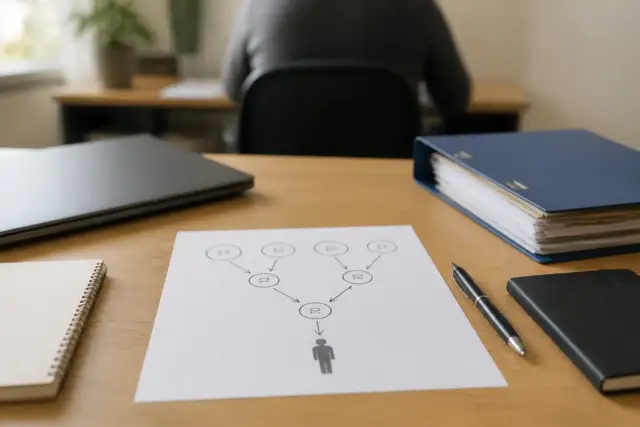 Schéma d’actionnariat dessiné sur une feuille, avec des pourcentages entourés et une silhouette en bout de chaîne