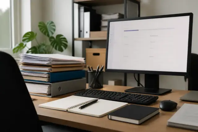 Écran d’ordinateur affichant un formulaire de déclaration d’entreprise à côté d’une pile de dossiers papier