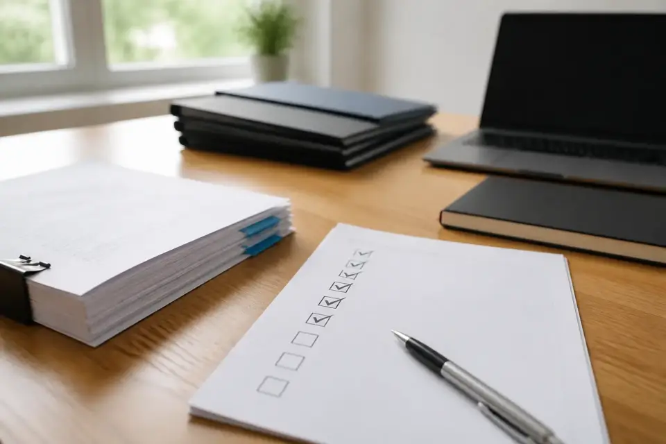 Check-list de création d’entreprise cochée à moitié, à côté d’un exemplaire de statuts et d’un stylo