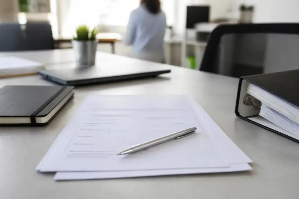 Extrait Kbis posé sur un bureau avec un stylo, l’en-tête du greffe visible