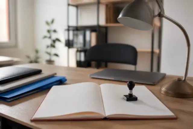 Registre ouvert sur une table, une page d’inscription avec numéro et tampon, lampe de bureau