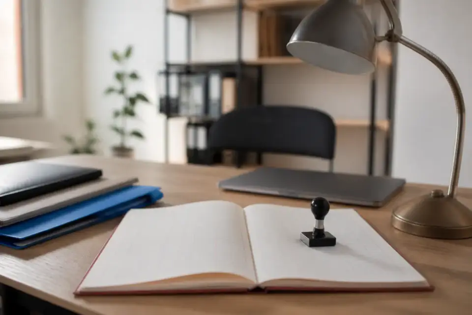 Registre ouvert sur une table, une page d’inscription avec numéro et tampon, lampe de bureau