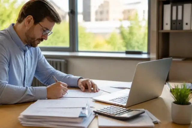 Homme travaillant sur ordinateur avec déclaration de confidentialité des comptes annuels sur le bureau