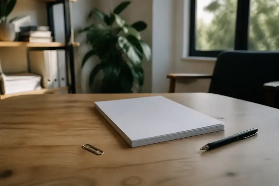 Plan de travail clair avec une pile de feuilles blanches vierges, un stylo et un trombone, lumière naturelle, sans texte lisible