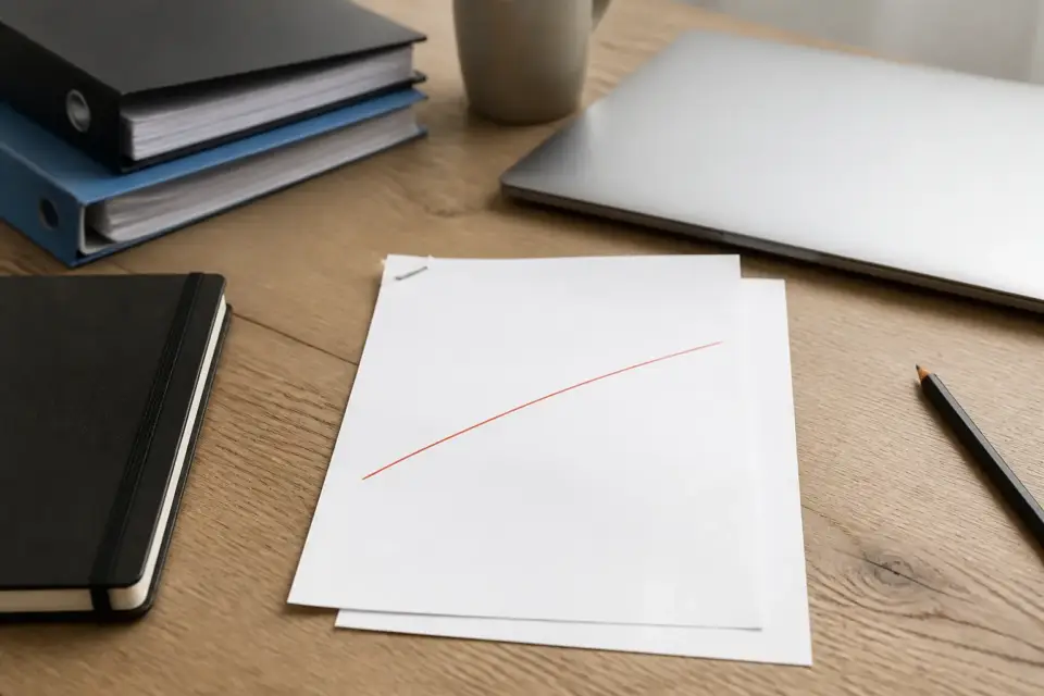 Une facture et un avoir agrafés ensemble sur un bureau, une ligne barrée au crayon rouge