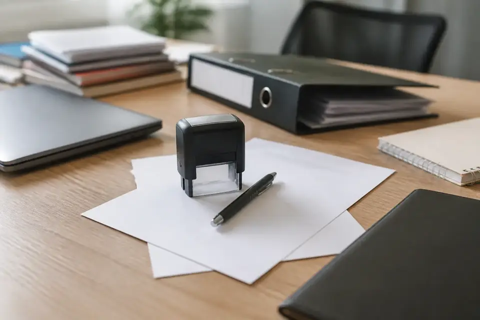 Deux factures empilées sur un bureau, la première marquée acompte, avec un tampon et un stylo
