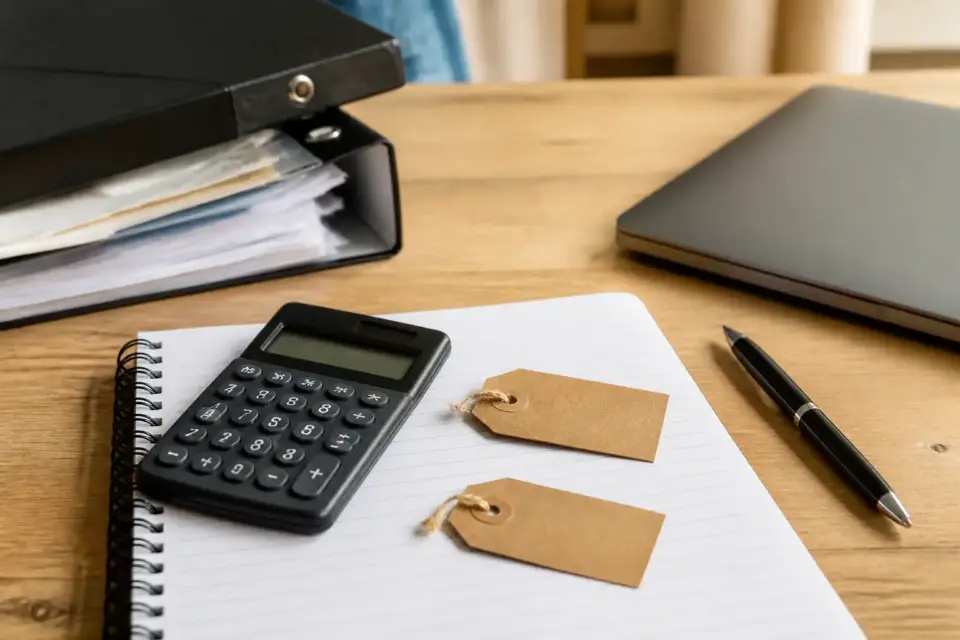 Calculatrice et deux étiquettes de prix, l’une marquée HT et l’autre TTC, posées sur un cahier