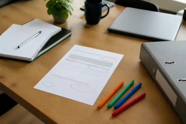 Facture posée à plat sur un bureau avec plusieurs zones entourées au stylo de couleur