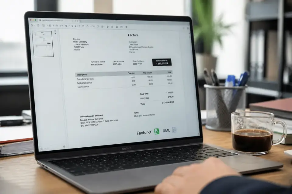 Ordinateur affichant une facture électronique avec solution Digitalise Tes Factures pour entreprise moderne