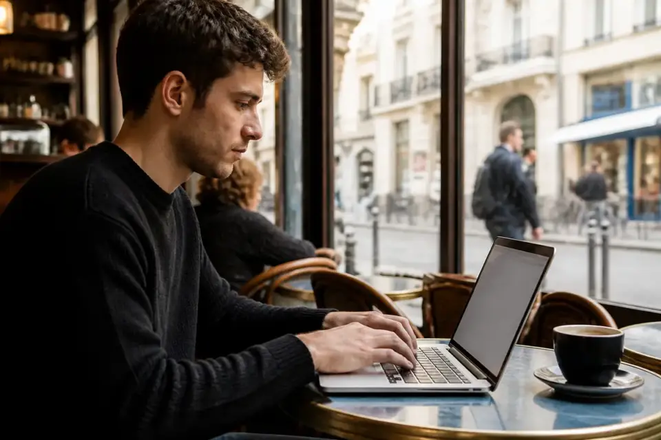 Homme utilisant un ordinateur dans un café avec logiciel de facturation de Digitalise tes factures