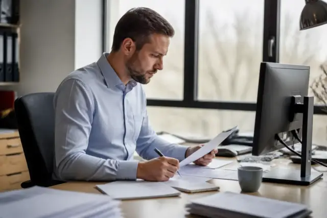Homme travaillant sur des documents d'immatriculation RCS dans un bureau lumineux.
