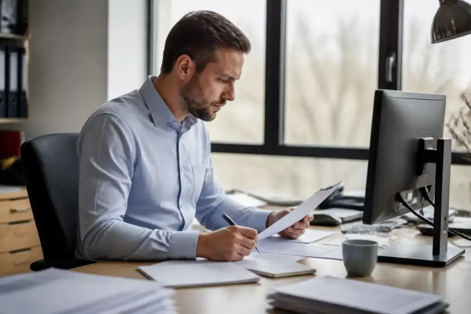Homme travaillant sur des documents d'immatriculation RCS dans un bureau lumineux.