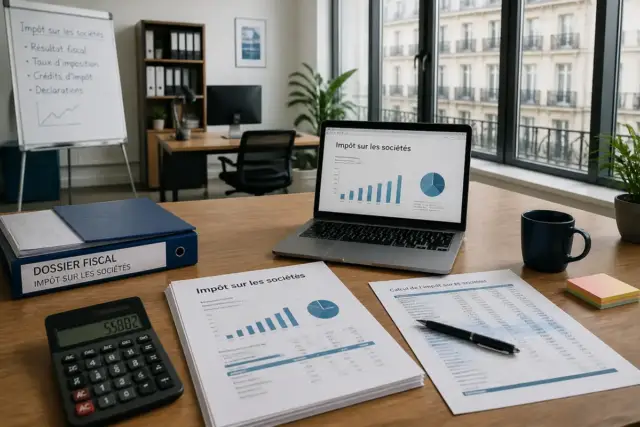 Bureau avec documents, ordinateur et calculatrice sur l'impôt sur les sociétés en entreprise