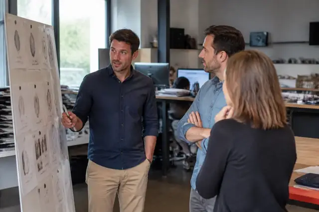Groupe discutant autour d'un tableau pour l'innovation sur lemagdesentrepreneurs.fr dans un bureau