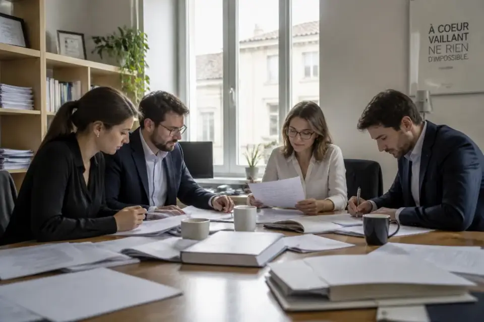 Réunion de travail en équipe discutant de l'actualité sur lemagdesentreprises.fr dans un bureau