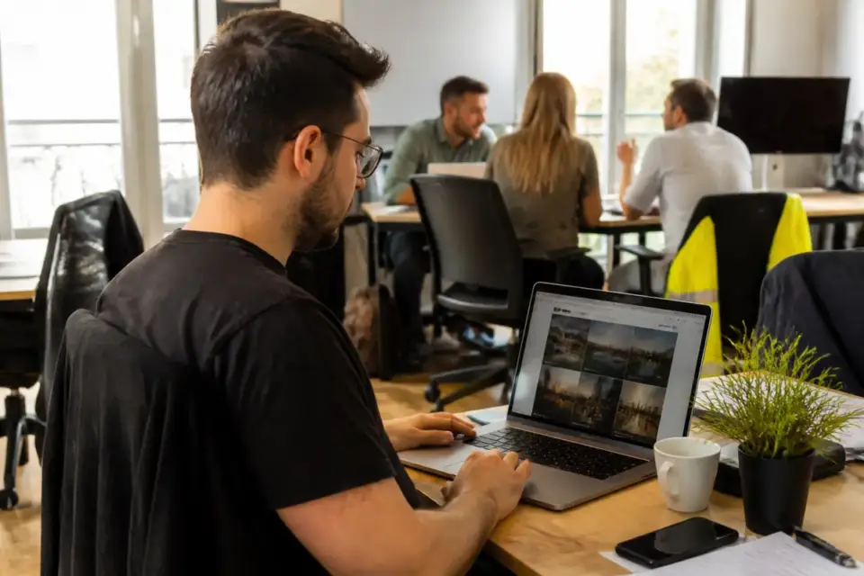 Homme travaillant sur ordinateur dans espace partagé tandis qu'une étude sur le territoire entreprise