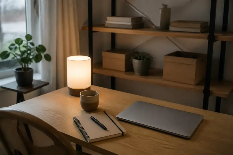 Petit bureau à domicile avec un ordinateur portable fermé, un carnet et une lampe, lumière douce, aucun écran lisible
