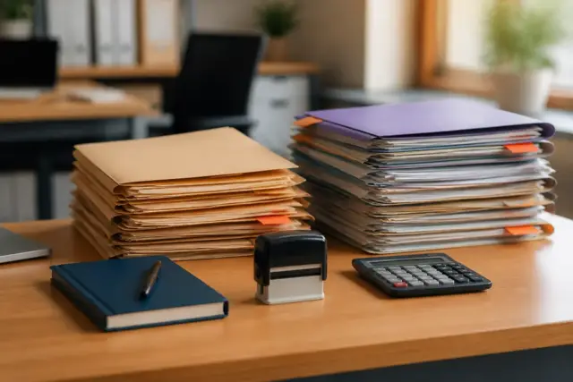Deux piles de dossiers étiquetées BIC et BNC sur un bureau, avec un tampon et une calculatrice