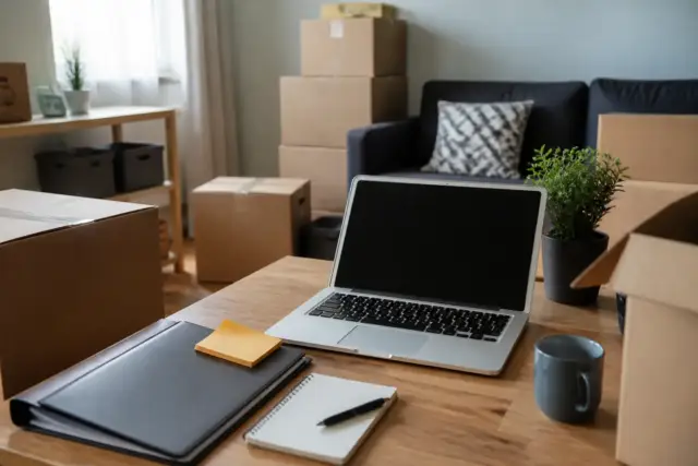 Cartons de déménagement dans un salon et un ordinateur portable ouvert sur un formulaire de modification