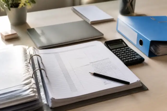 Dossier de déclaration de recettes ouvert avec une calculatrice, un tableau de plafonds annoté au crayon